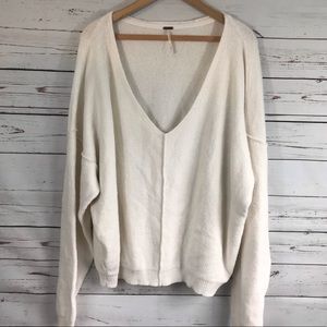 Free People White Oversized V Neck Sweater